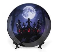 Bone China Decorative Plate with Display Stand - Obsidian Crown & Moonlight Wall Hanging Ceramic Art Plate for Home Decor, Elegant Ornament for Living Room, Office, Wedding Gift 8inch