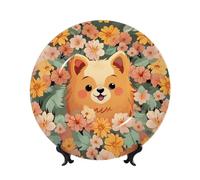 Bone China Decorative Plate with Display Stand, Pomeranians Cartoon Flowers Ceramic Decorative Plate Personalized Ceramic Ornament Round Dinner Plates Art Crafts for Wall Hanging Decoration 10in