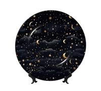 Bone China Decorative Plate with Display Stand, Stars and moon on dark background Ceramic Decorative Plate Personalized Ceramic Ornament Round Dinner Plates Art Crafts for Wall Hanging Decoration 8in