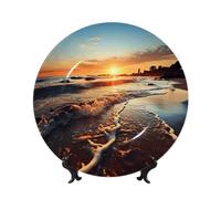 Bone China Decorative Plate with Display Stand, Sunset View on The Beach Shore Ceramic Decorative Plate Personalized Ceramic Ornament Round Dinner Plates Art Crafts for Wall Hanging Decoration 6in