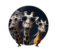 Bone China Decorative Plate with Display Stand, Three giraffes wearing sunglasses Ceramic Decorative Plate Personalized Ceramic Ornament Round Dinner Plates Art Crafts for Wall Hanging Decoration 7in
