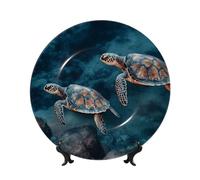 Bone China Decorative Plate with Display Stand, Turtle swimming in the sea Ceramic Decorative Plate Personalized Ceramic Ornament Round Dinner Plates Art Crafts for Wall Hanging Decoration 6in