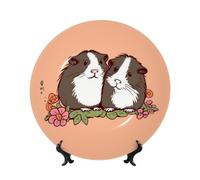 Bone China Decorative Plate with Display Stand, Two guinea pigs hanging out Ceramic Decorative Plate Personalized Ceramic Ornament Round Dinner Plates Art Crafts for Wall Hanging Decoration 7in