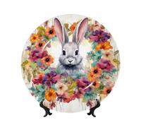 Bone China Decorative Plate with Display Stand, Watercolor rabbit and flowers Ceramic Decorative Plate Personalized Ceramic Ornament Round Dinner Plates Art Crafts for Wall Hanging Decoration 7in