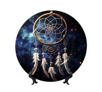 Bone China Decorative Plate with Display Stand, White fantasy dream catcher Ceramic Decorative Plate Personalized Ceramic Ornament Round Dinner Plates Art Crafts for Wall Hanging Decoration 7in