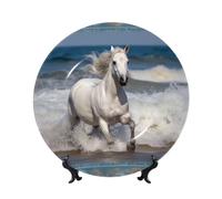 Bone China Decorative Plate with Display Stand, White horse running on the sea Ceramic Decorative Plate Personalized Ceramic Ornament Round Dinner Plates Art Crafts for Wall Hanging Decoration 10in