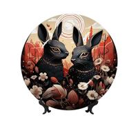 Bone China Decorative Plates 10in Ceramic Dinner Plates with Display Stand Cute Black Rabbit and Flowers Plate Ceramic Ornaments Art Crafts Round Display Porcelain Plate for Home Office Wall Decor
