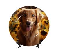 Bone China Decorative Plates 6in Ceramic Dinner Plates with Display Stand Golden Retriever Sunflower Plate Ceramic Ornaments Art Crafts Round Display Porcelain Plate for Home Office Wall Decor