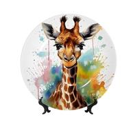 Bone China Decorative Plates 7in Ceramic Dinner Plates with Display Stand Cute giraffe watercolor Plate Ceramic Ornaments Art Crafts Round Display Porcelain Plate for Home Office Wall Decor