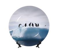 Bone China Decorative Plates 7in Ceramic Dinner Plates with Display Stand Penguins on the Iceberg Plate Ceramic Ornaments Art Crafts Round Display Porcelain Plate for Home Office Wall Decor