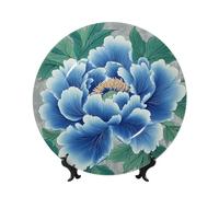 Bone China Decorative Plates With Stand,Blue Peony Traditional Chinese Art Round Display Plate For Kitchen Dining Room Wine Cabinet Home Decor 20cm