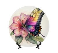 Bone China Decorative Plates With Stand,Butterfly Perched On A Flower Round Display Plate For Kitchen Dining Room Wine Cabinet Home Decor 20cm