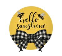 Bone China Decorative Plates With Stand,Hello Sunshine Black White Checkered Ribbon Bow Round Display Plate For Kitchen Dining Room Wine Cabinet Home Decor 20cm