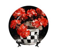 Bone China Decorative Plates With Stand,Red Geraniums Black White Checkered Pot Round Display Plate For Kitchen Dining Room Wine Cabinet Home Decor 20cm