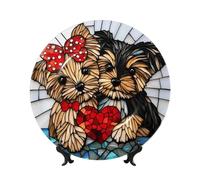 Bone China Decorative Plates With Stand,Stained Glass Two Cute Dogs Love Round Display Plate For Kitchen Dining Room Wine Cabinet Home Decor 20cm
