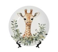 Bone China Decorative Plates With Stand,Watercolor Giraffe Green Plants Round Display Plate For Kitchen Dining Room Wine Cabinet Home Decor 20cm