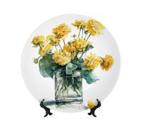Bone China Decorative Plates With Stand,Watercolor Yellow Flowers In A Glass Vase Round Display Plate For Kitchen Dining Room Wine Cabinet Home Decor 20cm