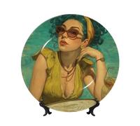 Bone China Decorative Plates With Stand,Woman At The Pool Bar Round Display Plate For Kitchen Dining Room Wine Cabinet Home Decor 20cm