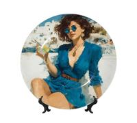 Bone China Decorative Plates With Stand,Woman Drinking At The Beach Round Display Plate For Kitchen Dining Room Wine Cabinet Home Decor 20cm