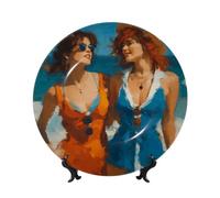 Bone China Decorative Plates With Stand,Womens At The Beach Round Display Plate For Kitchen Dining Room Wine Cabinet Home Decor 20cm