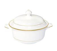 Bone China Soup Tureen with lid, 2.97QT, Gold Rim, Big Soup Bowl, 2pc set, Serveware, Big Serving Bowl, Elegant Ceramic/Porcelain, White, Translucent, Modern, Simple and resistant, Greeting dinnerware