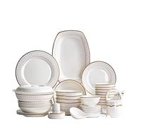 Bone China Tableware Set, 50 Pieces for 10 People, Microwave Oven-Safe Tableware, Gold-Rimmed Embossed Design, Shatterproof and Environmentally Friendly Bone China