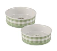 Bone Dry Ceramic Food Bowls, Non-Slip & Dishwasher Safe, Large Set, 7.5x2.4 Desert Sage Check
