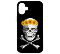 Bone Head Skull Wearing Sunflower Wreath Crossbone Halloween Case for iPhone 16 Plus