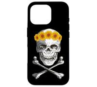 Bone Head Skull Wearing Sunflower Wreath Crossbone Halloween Case for iPhone 16 Pro