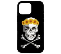 Bone Head Skull Wearing Sunflower Wreath Crossbone Halloween Case for iPhone 16 Pro Max