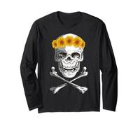 Bone Head Skull Wearing Sunflower Wreath Crossbone Halloween Long Sleeve T-Shirt