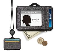 BONE Lanyard Wallet, ID Badge Holder with Zip, Premium Leather Badge Holder Wallet Case with ID Window, Credit Card Slots, Zipper Pocket and Silicone Neck Lanyard (Black)