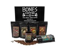 Bones Coffee Company NEW World Tour Sample Pack Box Set with Specialty Coffee Mug, 5 Assorted Single-Origin Low Acid Medium Roast Arabica Beans Flavored Coffee Gifts, 4 oz Pack of 5 Ground