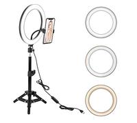 BONFOTO 10 LED Selfie Ring Light with Tripod Stand & Cell Phone Holder for Tiktok/Live Stream/Makeup, Dimmable Desktop Camera Ringlight for YouTube Video/Photography Compatible with iPhone/Android