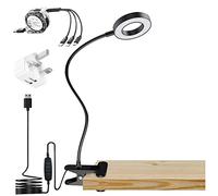 BONFQERT Reading Table, Clip on Desk with 3 Pin Plug USB Mains Charger Adapter, 10 Dimmable Brightness 3 Light Modes, 3 Way Multi Charger Cable for IP/Type-C/Micro-USB