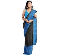 Bong ButiQ Women's Begampuri Cotton Blend Soft Khadi Saree, Black-Blue, 1.2 Meter