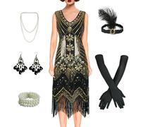 BONGZUO Women's 1920s Flapper Dress Vintage Lace Fringed Gatsby Cocktail Dress with 20s Accessories Set(Z3722YE,3XL)