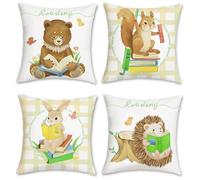 Bonhause Animals Cushion Covers 45 x 45 cm Bear Squirrel Bunny Hedgehog Reading Books Decorative Throw Pillow Covers for Sofa Couch Bed Home Garden Kids Room Decor Set of 4