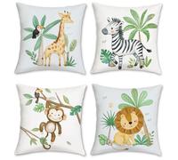 Bonhause Animals Cushion Covers 45 x 45 cm Giraffe Zebra Monkey Lion Green Leaf Decorative Throw Pillow Covers for Sofa Couch Bed Home Garden Nursery Kids Room Decor Set of 4