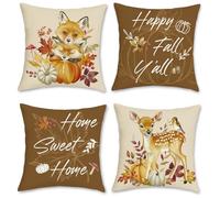 Bonhause Autumn Animals Cushion Covers 45 x 45 cm Fox Deer Pumpkins Fall Maple Leaves Brown Decorative Throw Pillow Covers for Sofa Couch Bed Home Garden Outdoor Decor Set of 4