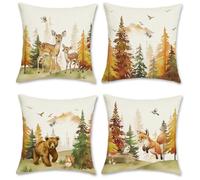 Bonhause Autumn Forest Animals Cushion Covers 45 x 45 cm Deer Bear Fox Pine Trees Polyester Linen Decorative Throw Pillow Covers for Sofa Bed Home Garden Outdoor Decor Set of 4