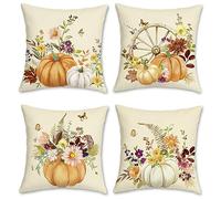 Bonhause Autumn Pumpkin Cushion Covers 45 x 45 cm Beige Orange Pumpkin Floral Leaf Decorative Throw Pillow Covers Yellow Pillowcases for Sofa Bed Home Garden Patio Decor Set of 4