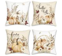 Bonhause Autumn Pumpkin Cushion Covers 45 x 45 cm Beige Orange Pumpkins Fall Leaf Wreath Floral Decorative Throw Pillow Covers for Sofa Bed Home Garden Patio Decor Set of 4