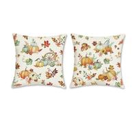 Bonhause Autumn Pumpkin Cushion Covers 45 x 45 cm Blue Orange Pumpkins Fall Leaves Polyester Linen Decorative Throw Pillow Covers for Sofa Bed Home Garden Outdoor Decor Set of 2