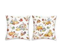 Bonhause Autumn Pumpkin Cushion Covers 45 x 45 cm Blue Orange Pumpkins Fall Leaves Soft Velvet Decorative Throw Pillow Covers for Sofa Bed Home Garden Patio Decor Set of 2