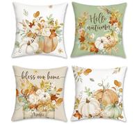 Bonhause Autumn Pumpkin Cushion Covers 45 x 45 cm Fall Leaf Wreath Floral Green Orange Soft Velvet Decorative Throw Pillow Covers for Sofa Bed Home Garden Patio Decor Set of 4
