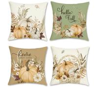 Bonhause Autumn Pumpkin Cushion Covers 45 x 45 cm Fall Leaf Wreath Floral Polyester Linen Decorative Throw Pillow Covers for Sofa Couch Bed Home Garden Outdoor Decor Set of 4
