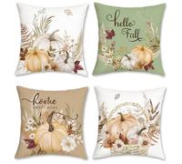 Bonhause Autumn Pumpkin Cushion Covers 45 x 45 cm Fall Leaf Wreath Floral Soft Velvet Decorative Throw Pillow Covers for Sofa Couch Bed Home Garden Patio Decor Set of 4