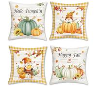 Bonhause Autumn Pumpkin Cushion Covers 45 x 45 cm Fall Leaves Pumpkins Gnomes Orange Decorative Throw Pillow Covers for Sofa Bed Home Garden Patio Decor Set of 4