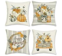 Bonhause Autumn Pumpkin Cushion Covers 45 x 45 cm Grey Beige Orange Pumpkins Fall Leaf Wreath Decorative Throw Pillow Covers for Sofa Couch Bed Home Garden Outdoor Decor Set of 4